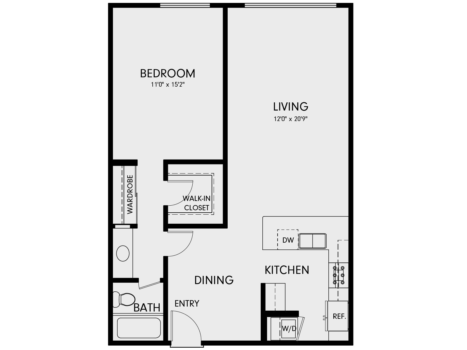 Floor plan for 1 bed, 1 bath, 815 sqft